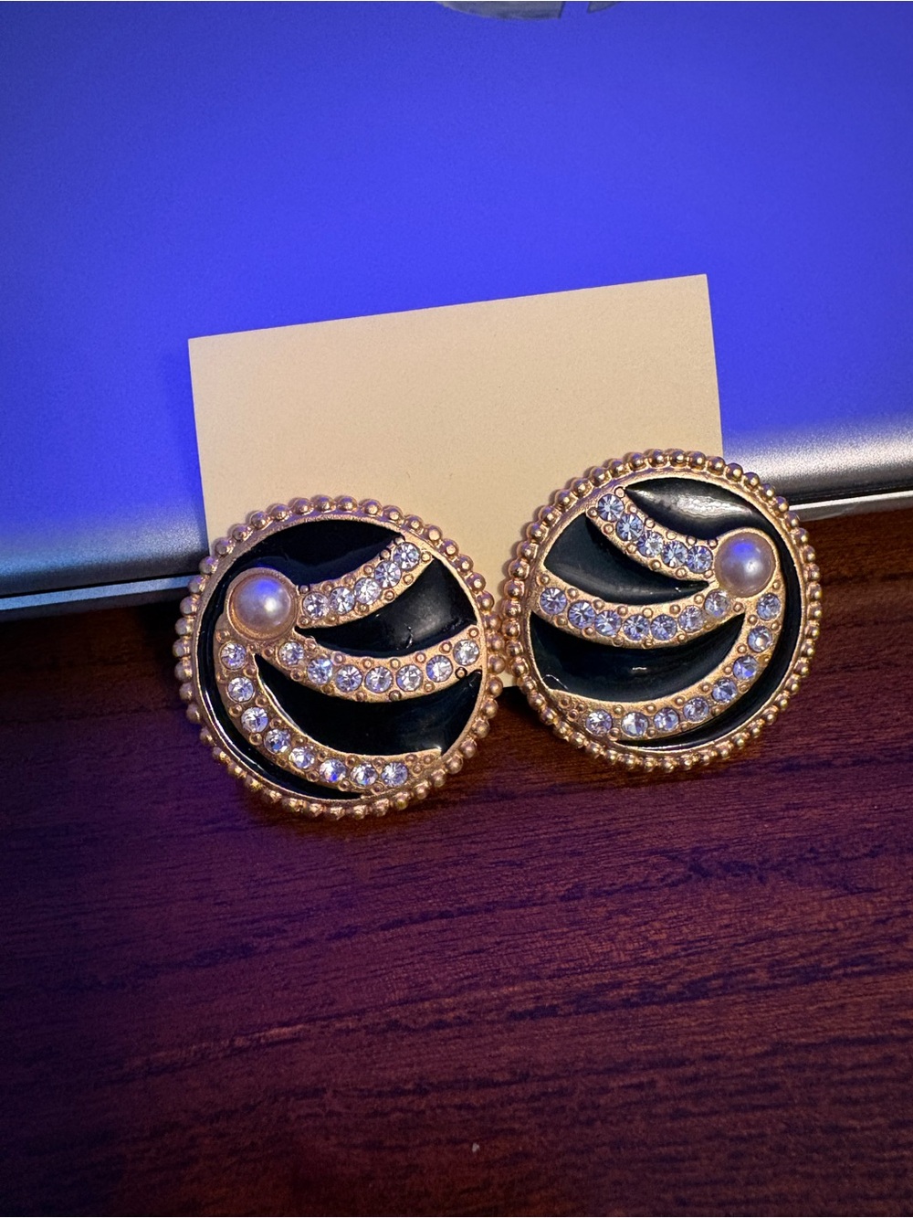 Vintage Gold-Tone Black Enamel & Pearl Accent Crystal Round Earrings